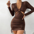 Long Sleeve Front Cut Out Ruched Bodycon Dress